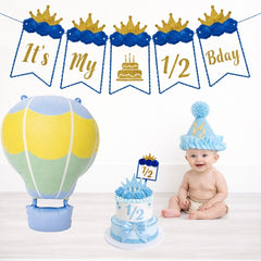 FERRYWALA It’s My 1/2 Birthday Decoration Kit for Baby Boy | Blue & Gold Half Birthday Banner, Cake Topper, Party Hat & Hot Air Balloon Décor For Photoshoot and decoration