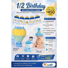 FERRYWALA It’s My 1/2 Birthday Decoration Kit for Baby Boy | Blue & Gold Half Birthday Banner, Cake Topper, Party Hat & Hot Air Balloon Décor For Photoshoot and decoration
