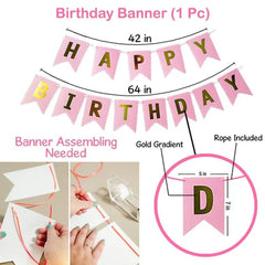 Birthday Decoration Items for Girls – 53 Pcs Rose Gold Birthday Kit with Banner, Balloons & Lights