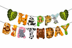 Jungle Theme Birthday Decoration Combo for Kids – Banner, Balloon Arch, Lion & Elephant Foil Balloons with Fairy Lights – Complete Party Setup