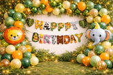 Jungle Theme Birthday Decoration Combo for Kids – Banner, Balloon Arch, Lion & Elephant Foil Balloons with Fairy Lights – Complete Party Setup
