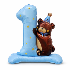 1st Birthday Teddy Bear Number 1 Foil Balloon | Blue Self Standing Bear Foil Balloon for Baby Boy 1st Birthday Decoration | Large Air Fill Birthday Party Balloon