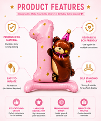 1st Birthday Teddy Bear Number 1 Foil Balloon Pink | Self Standing Baby Girl Birthday Decoration Balloon | Large Number One Foil Balloon for 1st Birthday Party
