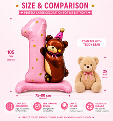 1st Birthday Teddy Bear Number 1 Foil Balloon Pink | Self Standing Baby Girl Birthday Decoration Balloon | Large Number One Foil Balloon for 1st Birthday Party