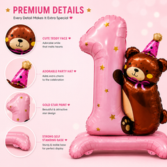 1st Birthday Teddy Bear Number 1 Foil Balloon Pink | Self Standing Baby Girl Birthday Decoration Balloon | Large Number One Foil Balloon for 1st Birthday Party