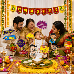 FERRYWALA Annaprasanam Photo Booth Props with Annaprasanam Bunting Banner Hindi Font Shubh Annaprashan Yellow & Red Color Font/Rice Ceremony Decorations Items/Rice Ceremony Props