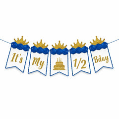 FERRYWALA It’s My 1/2 Birthday Decoration Kit for Baby Boy | Blue & Gold Half Birthday Banner, Cake Topper, Party Hat & Hot Air Balloon Décor For Photoshoot and decoration