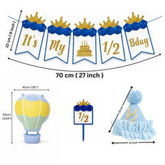 FERRYWALA It’s My 1/2 Birthday Decoration Kit for Baby Boy | Blue & Gold Half Birthday Banner, Cake Topper, Party Hat & Hot Air Balloon Décor For Photoshoot and decoration