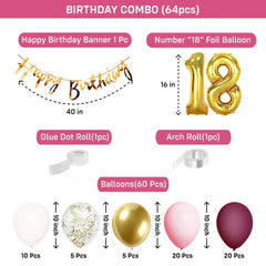 18th Birthday Decoration Kit for Girls – 64 Pcs | Balloons, Foil Numbers & Golden Banner Set