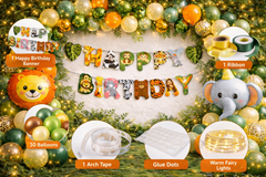 Jungle Theme Birthday Decoration Combo for Kids – Banner, Balloon Arch, Lion & Elephant Foil Balloons with Fairy Lights – Complete Party Setup