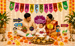 FERRYWALA Annaprasanam Photo Booth Props with Annaprasanam Bunting Banner Hindi Font Shubh Annaprashan Yellow & Red Color Font/Rice Ceremony Decorations Items/Rice Ceremony Props