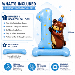 1st Birthday Teddy Bear Number 1 Foil Balloon | Blue Self Standing Bear Foil Balloon for Baby Boy 1st Birthday Decoration | Large Air Fill Birthday Party Balloon