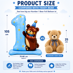1st Birthday Teddy Bear Number 1 Foil Balloon | Blue Self Standing Bear Foil Balloon for Baby Boy 1st Birthday Decoration | Large Air Fill Birthday Party Balloon