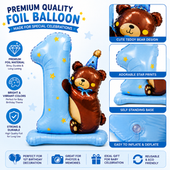 1st Birthday Teddy Bear Number 1 Foil Balloon | Blue Self Standing Bear Foil Balloon for Baby Boy 1st Birthday Decoration | Large Air Fill Birthday Party Balloon