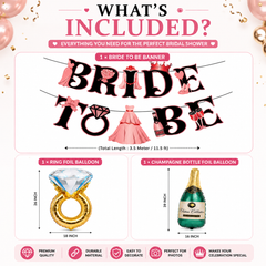 Bride To Be Decoration Combo Kit | Bridal Shower & Bachelorette Party Decoration Set with Bride To Be Banner, Ring Foil Balloon & Champagne Bottle Balloon